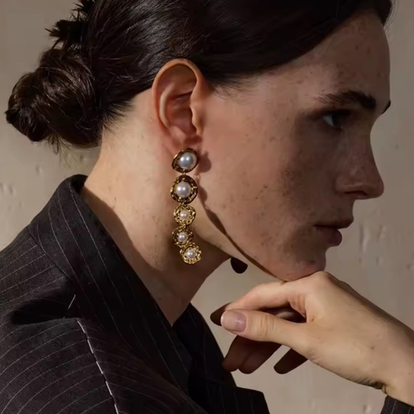 Gold Drop Earrings with Imitation Pearls – Stainless Steel, Real Gold Pl… - Picture 3 of 17
